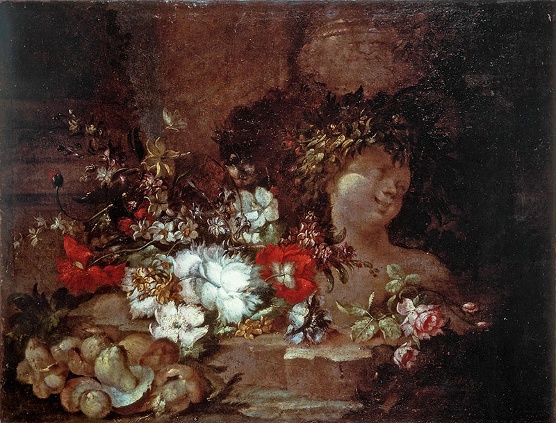 Anonimo — Peirano - sec. XVII/ XVIII - Natura morta con fiori, funghi e sculture in un giardino — insieme